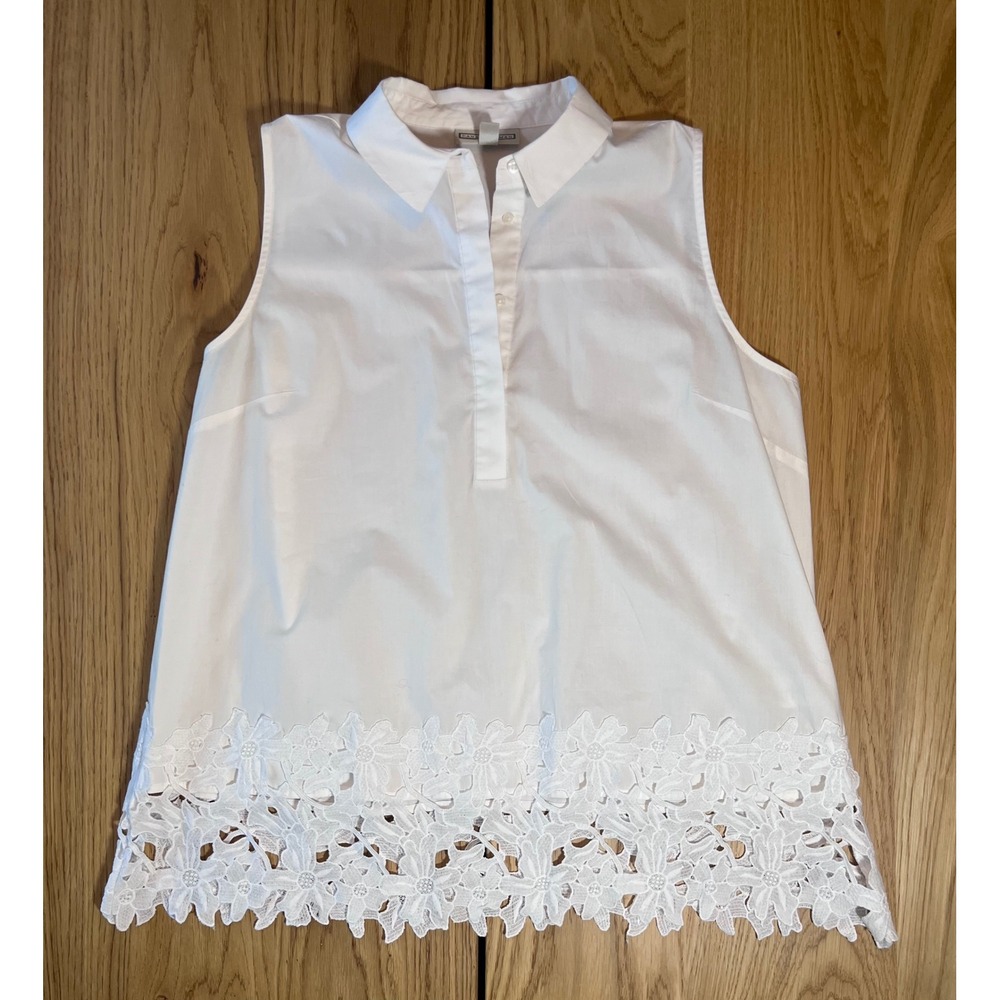 Dana Buchman Sleeveless Lace Hem Blouse‎ Women Large White Floral Crochet Preppy